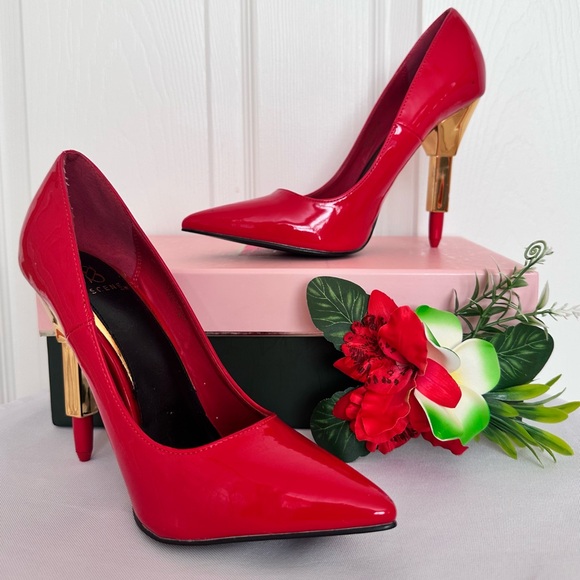 SCENE ~ Dramatic Red Patent 4.5” Heels with Lipstick Accent size 7.5 - Picture 1 of 9